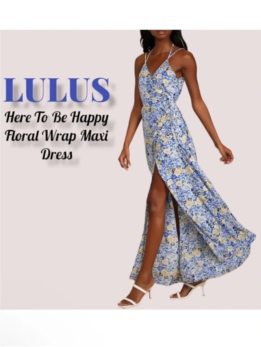 NWT LULU'S Here to be Happy Blue Floral Print Wrap Maxi Dress L